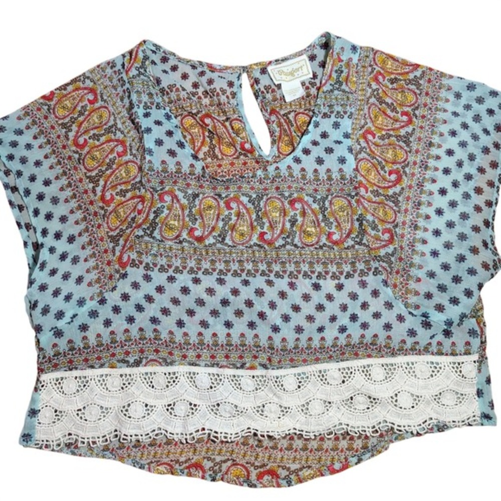 Passport Paisley Lace‎ Trim Sheer Boho Blouse Top Women's Size M  hippy chic